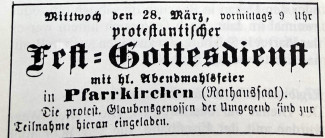 für den ersten evangelischen Gottesdienst in Pfarrkirchen werbende Zeitungsanzeige