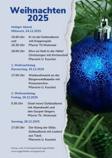Blaue Christbaumkugel am grünen Zweig